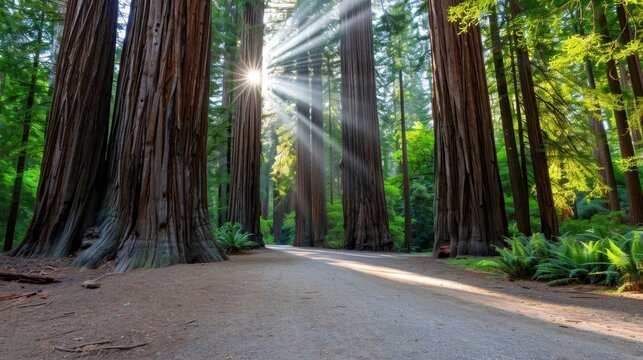 Majestic Sunlight Soaks Through Giant Sequoia Trees in Lush Forest Pathway