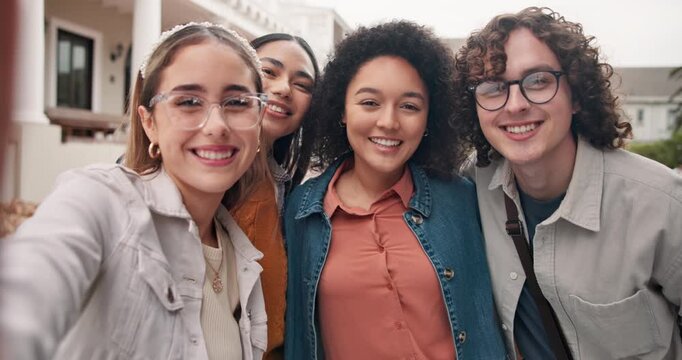 Student, friends and face on campus for selfie, education opportunity and social media update. People, happy and outdoor with POV for photography, new semester and memories at community college
