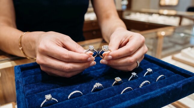 Close-up of a woman's hands selecting a diamond ring from a blue jewelry tray in a luxury store. Ideal for jewelry catalogs, wedding blogs, and retail advertisements.