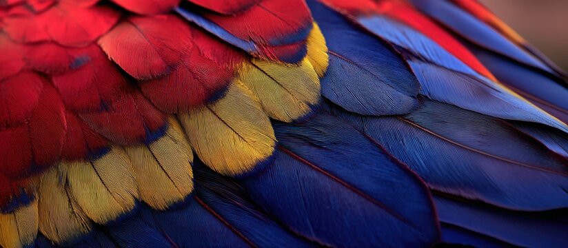 extreme close up of scarlet macaw feathers, entire frame filled with brilliant crimson red feathers mixed with subtle cobalt blue and golden yellow