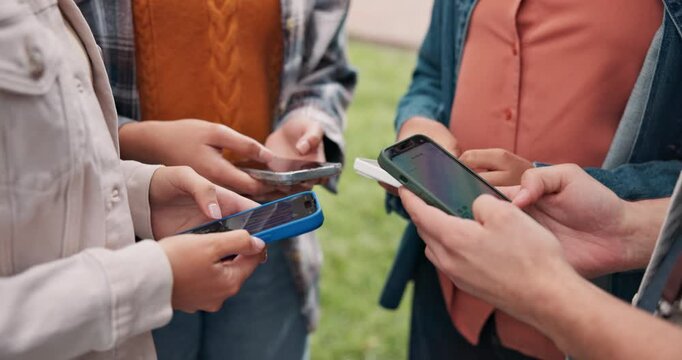 Hands, typing and student group with phone for social media, connection or data sync together. People, friends and texting with technology for mobile network, research or communication on campus