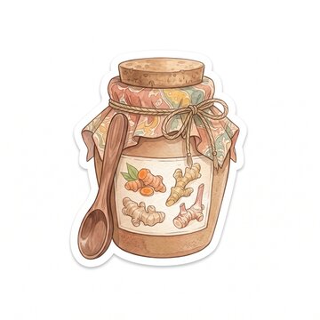 Watercolor sticker illustration of traditional Indonesian jamu herbal drink jar