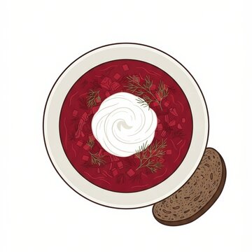 Deep beet red soup in a round bowl finished with a white cream spiral