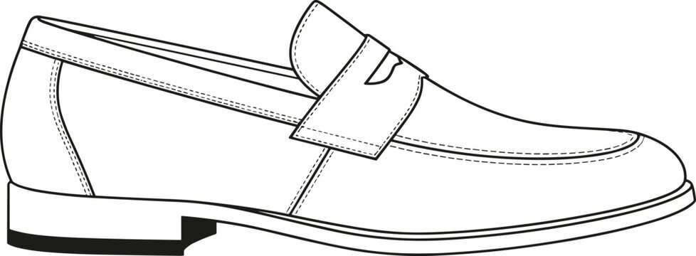 Black and white line art illustration of a men's penny loafer for footwear design templates.