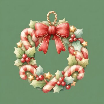 Christmas Wreath with Holly, Golden Stars and Candy Canes