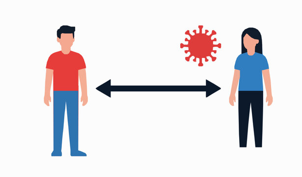 Social distancing concept with a man woman and a virus illustration
