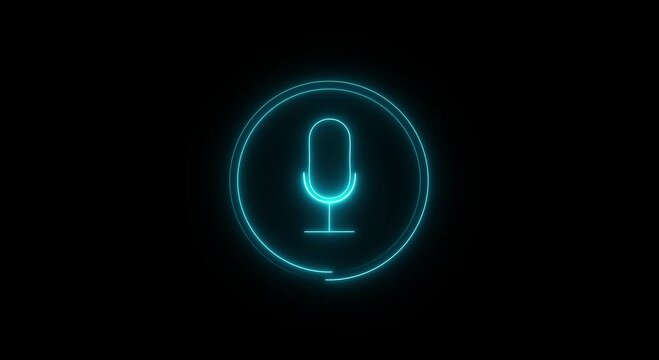Glowing neon microphone icon inside circular audio waves displaying digital mic symbol for voice assistant interface on dark background