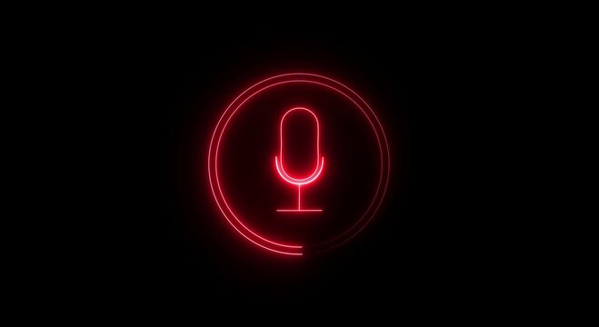 Glowing neon microphone icon inside circular audio waves displaying digital mic symbol for voice assistant interface on dark background