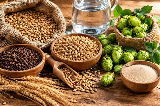 Beer brewing ingredients set with malted barley hop cones yeast and water on wooden table