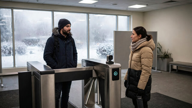 People at office security turnstile checkpoint