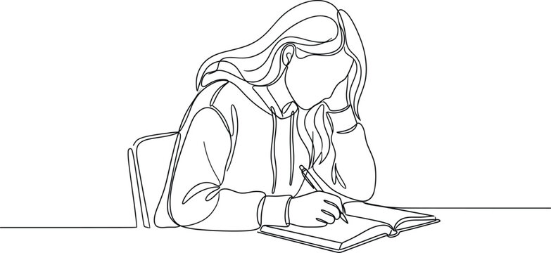 Continuous single line drawing of a focused young woman writing in a notebook at her desk