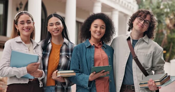 Students, face and group with tablet, outdoor or planning for project with friends on college campus. Happy people, portrait and research for assignment at university, knowledge and laugh with tech