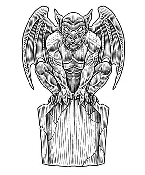 Hand drawn engraving style illustration of a winged stone gargoyle crouching on a cracked tombstone, black and white line art, isolated on white