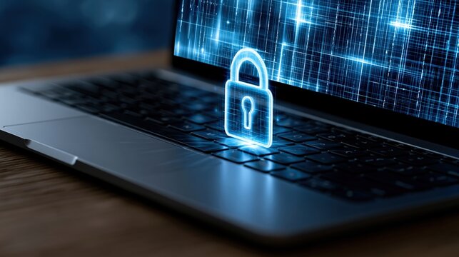 A glowing blue padlock icon overlaid on a laptop keyboard signifies digital security and data protection in a modern technological context. ..Created with Generative AI, not depicting real subjects.
