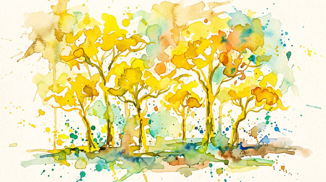 Vibrant watercolor painting depicting yellow and green trees with dynamic splashes and textured brushstrokes