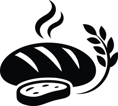 Hot fresh bread loaf with slice and wheat ear vector silhouette icon for bakery branding.