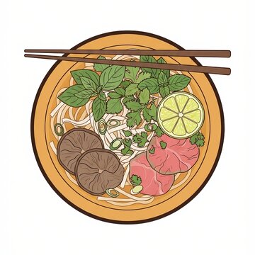 Bowl of pho with fresh herbs and a lime wedge, top-down flat-lay vector food art