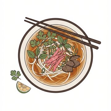 Noodle shop menu graphic of a steaming bowl with a herb garnish