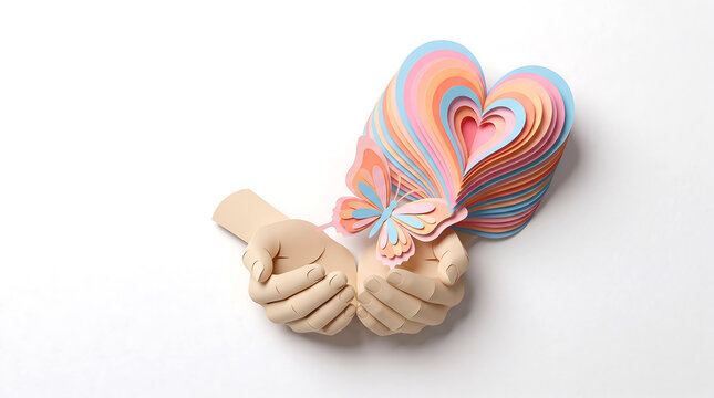 Hand holding layered paper heart shape, a colorful symbol of love and affection featuring layers