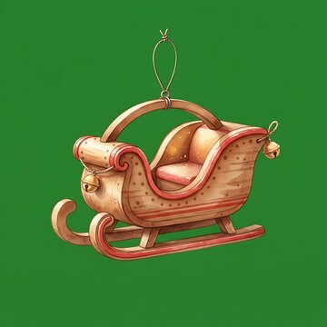Wooden Christmas Sleigh Ornament with Festive Bells Illustration