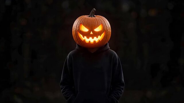 Creepy person in black hoodie turning 180 degrees to reveal a glowing carved Halloween pumpkin head standing in the dark. Spooky holiday concept