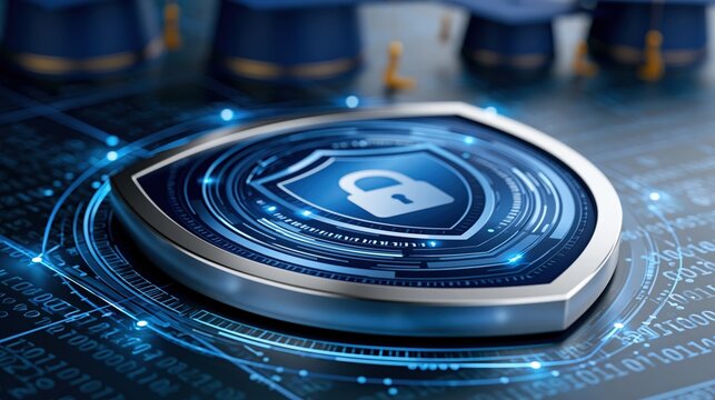 A digital shield with a padlock icon and glowing blue circuitry symbolizes cybersecurity and data protection in a futuristic abstract design. ..Created with Generative AI, not depicting real subjects.