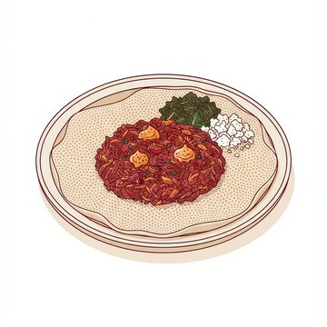 Kitfo spiced minced beef on injera, three-quarter flat vector graphic
