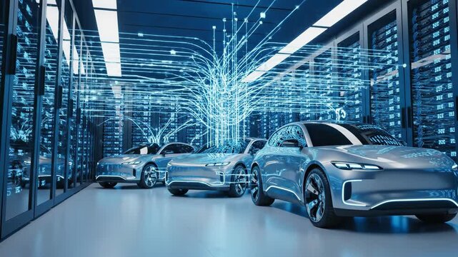 Electric cars lined up inside a futuristic data center with glowing blue digital connections