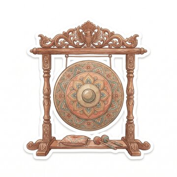 Watercolor sticker illustration of traditional Indonesian gamelan gong instrument