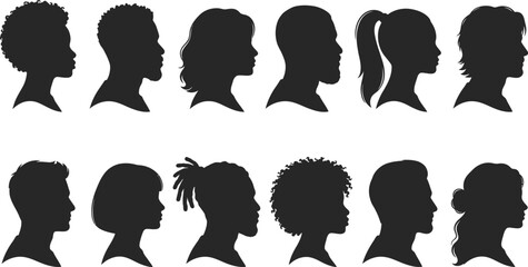 Diverse female profile silhouettes featuring varied hairstyles and facial outlines, elegant woman portrait collection for beauty and identity design © Sakibul