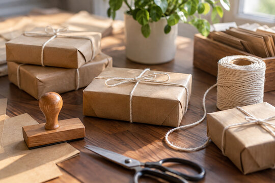 Plain wooden stamp and string beside packed handmade orders
