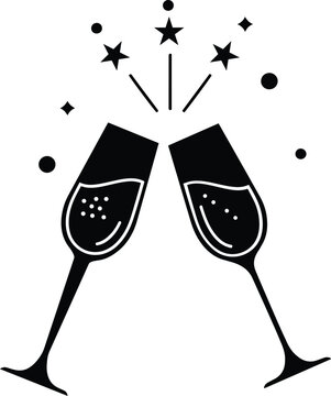 Minimalist champagne flutes clinking vector silhouette icon. black and white toast glasses symbol for new year celebration, wedding cheers, festive party, and holiday event design.