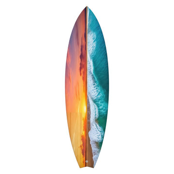 Vibrant sunset and ocean wave surfboard design