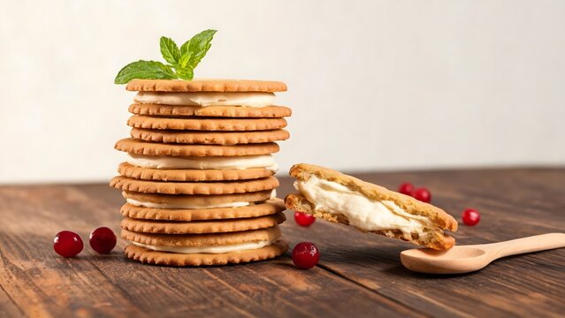 Stack of cream-filled sandwich cookies with mint and red berries on a rustic wooden table