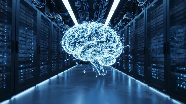 Glowing digital brain hologram floats in a futuristic server room