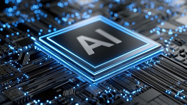 Close-up of a futuristic AI microchip, glowing with vibrant blue light, set against a complex circuit board background. ..Created with Generative AI, not depicting real subjects.