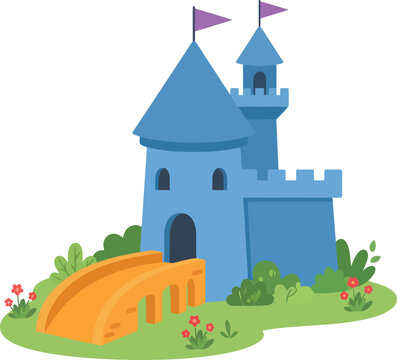 A whimsical blue cartoon castle with a stone bridge and surrounding greenery.