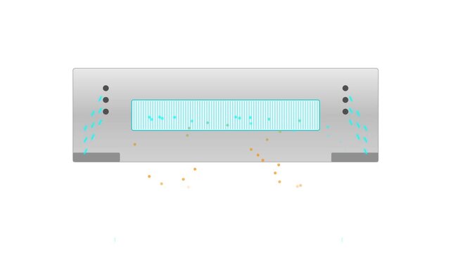 Chilled Beam Induction HVAC Plenum Motion Graphic with High Velocity Airflow and Cyan Cooling Coil
