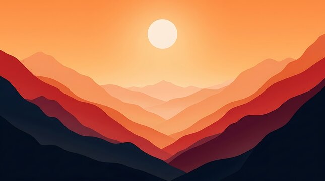 Vector illustration showcasing a symmetrical mountain valley landscape bathed in warm orange sunset light, creating a soothing and harmonious natural atmosphere