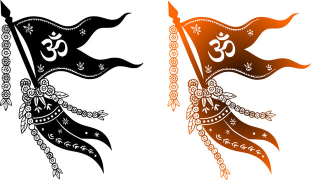 Religious saffron and black flag vector set with Om symbol, decorative garlands, and spearhead pole isolated on white background.