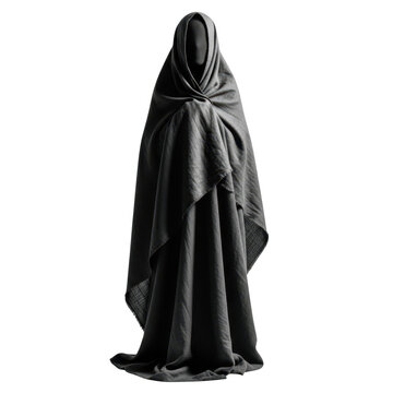 Mysterious figure draped in black fabric background