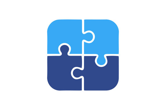 Jigsaw puzzle pieces icon isolated on transparent background, four connected blue segments for business concept