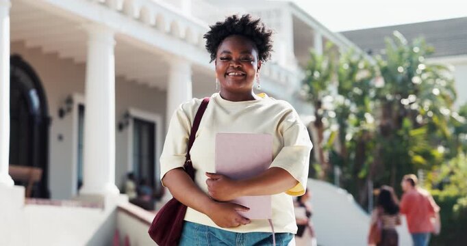 Happy, college and student outdoor for education, scholarship and study opportunity for growth. Face, university course and female person with knowledge, future and smile by campus or school building
