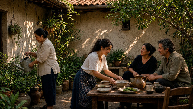 Family Preparing Table and Plants in Shaded Mexican Home Courtyard