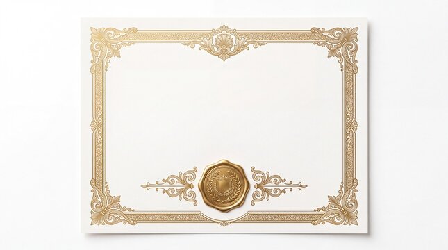 Blank certificate template featuring elegant golden vintage border frame and wax seal on white background