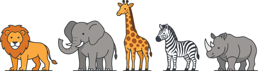 Obraz premium A collection of cute cartoon African safari animals standing in a row.