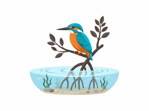 A colorful kingfisher bird perched on mangrove roots in a shallow water bowl.