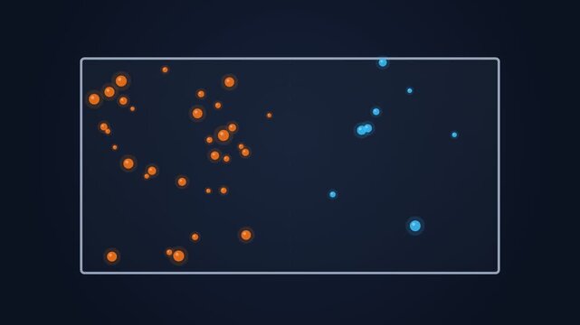 Animated data visualization with glowing orange and blue spheres moving in a dynamic scatter plot, symbolizing analytics, research, and technological trends, for digital presentations.