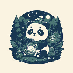 Cute Panda Camping in Forest Night with Lantern © moh