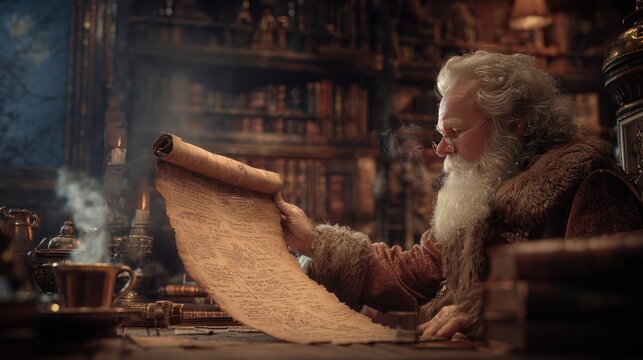 Santa Claus reading a long scroll of children's wish lists by lamplight in his cozy study, round spectacles perched